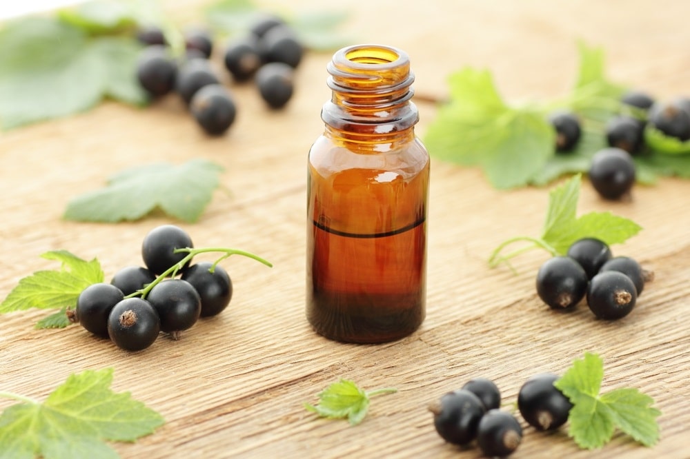 Black,Currants,Seed,Oil,Or,Essential,Oil,On,Wooden,Rusric